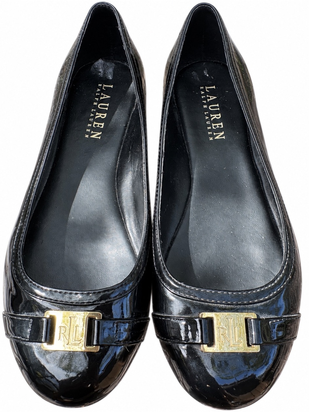 Lauren Ralph Lauren Black Patent Leather Ballet Flats with Gold Logo Accent